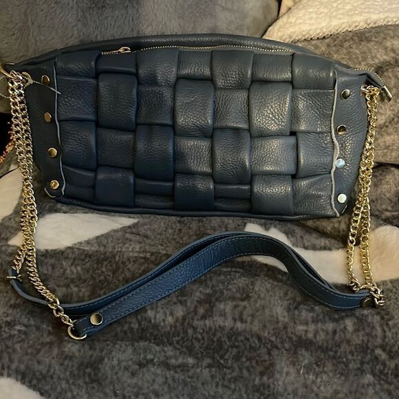 Valentina Fiore blue weave gold stud chain Italian leather shoulder bag - Picture 2 of 12